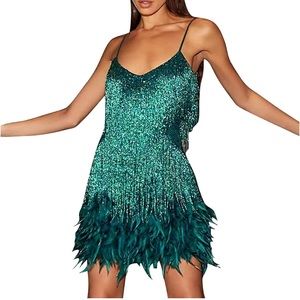 Feather fringe green mini dress